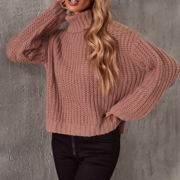 Cozy Dark Pink Oversized Turtleneck Loose Knit Sweater Top - Picture 4 of 4